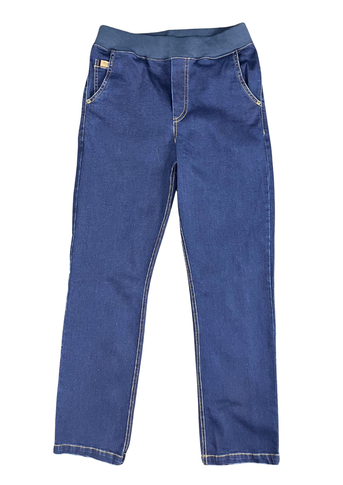 43824B jean índigo silueta amplia, pretina cómoda.